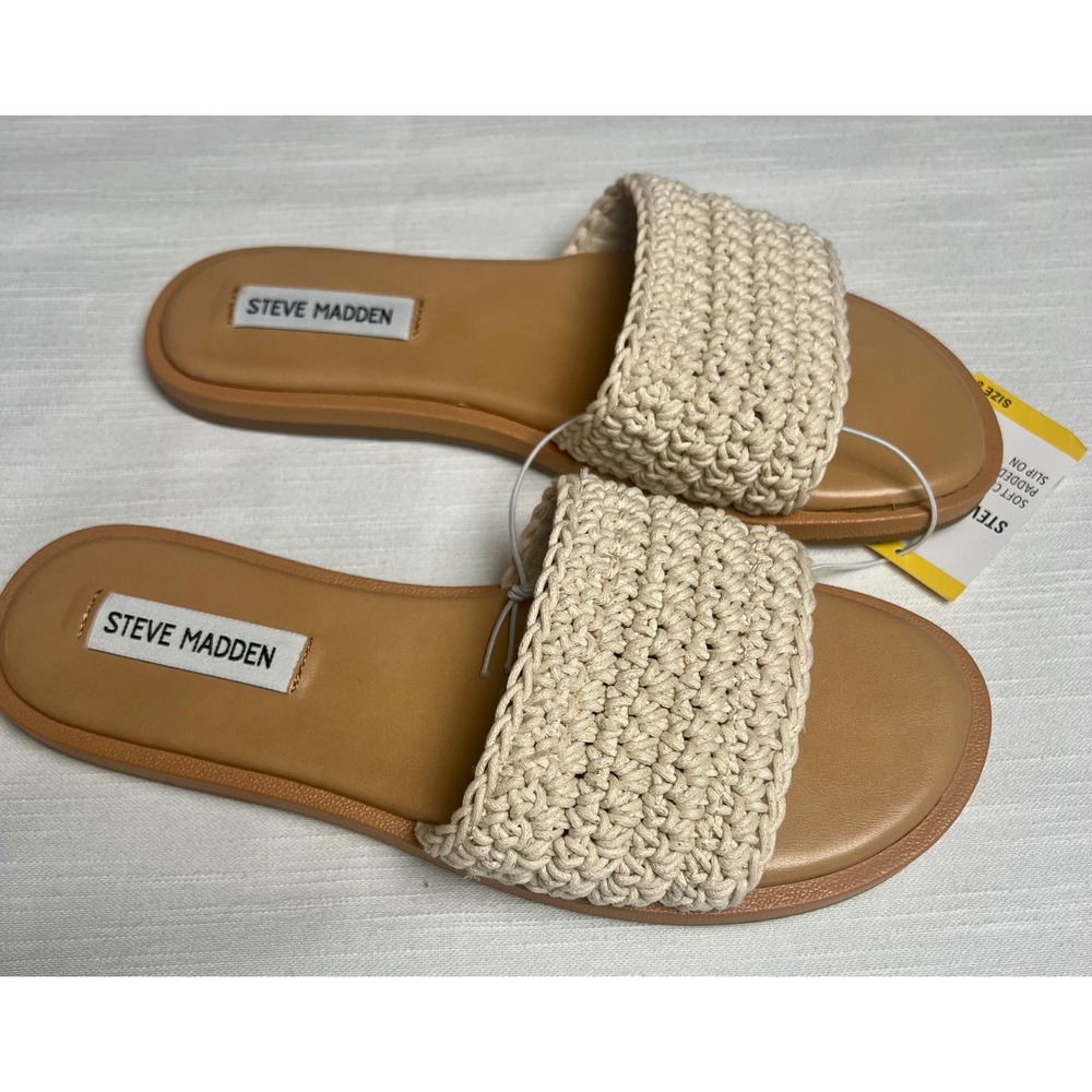 Steve Madden Tannah Crochet Slide Sandals Natural Cream Tan Flat Slip On Women 8 - Picture 6 of 10